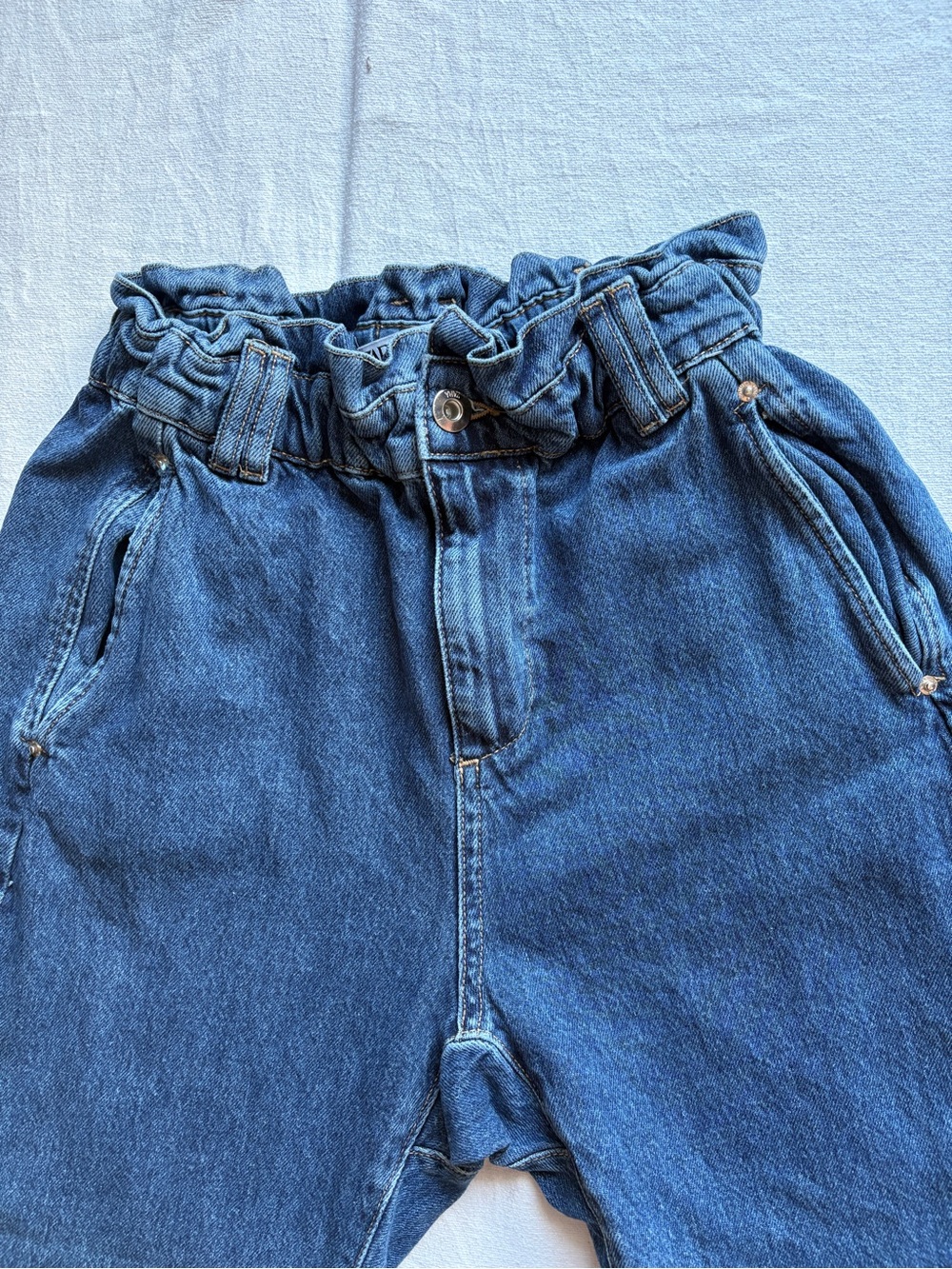 Zara High-Rise Paperbag Denim Jeans in Blue